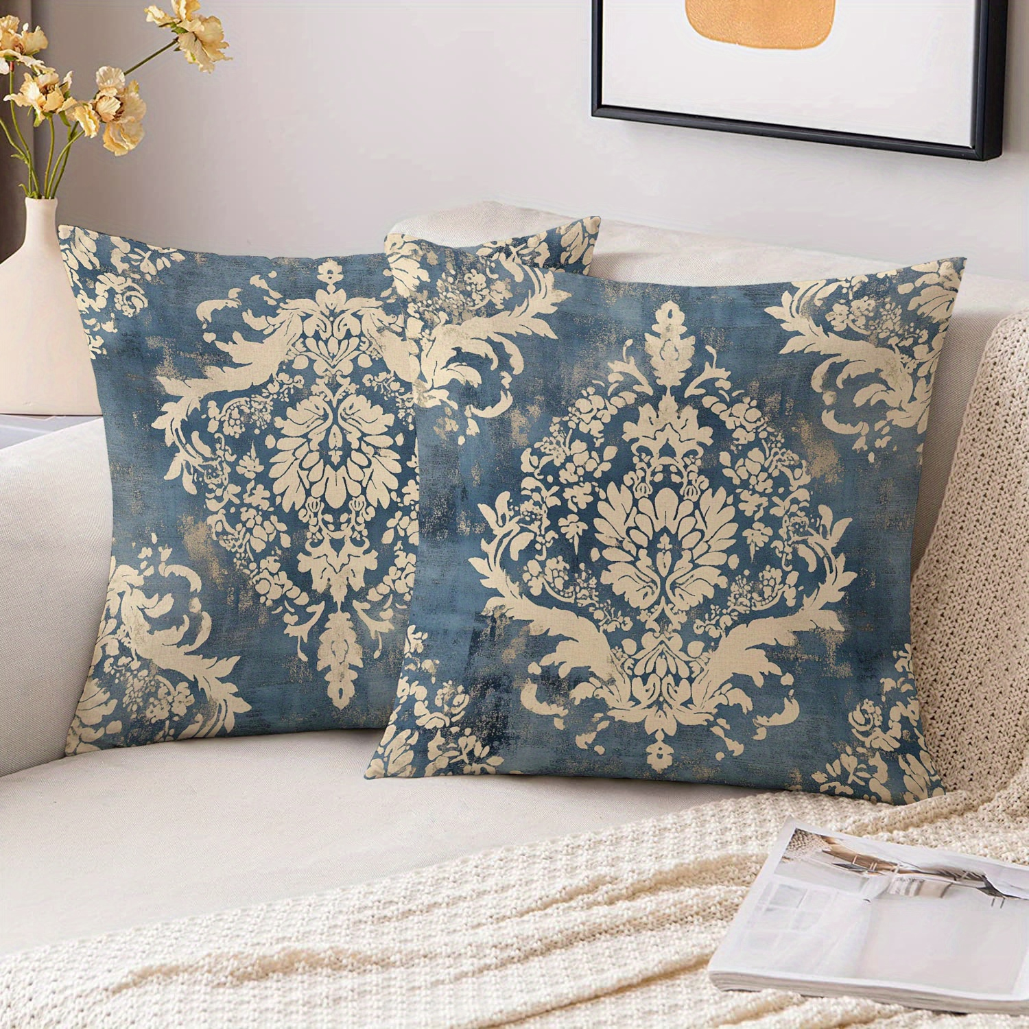 TEMU 2d Flat-2pcs Vintage Damask Throw Pillow Covers Navy Blue Distressed Floral Farmhouse Cushion Cases 2d Flat Printing, Sofa And Chair Cushion