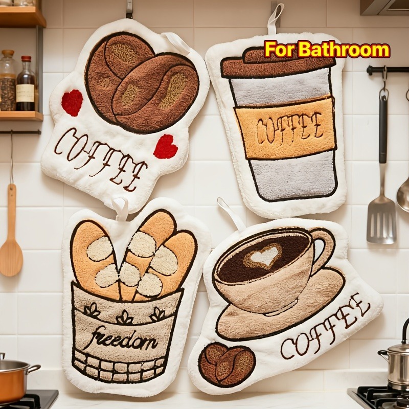 4pcs Coral Fleece Towel Set - Absorbent And , Cartoon Afternoon Tea Pattern, Light Luxury , Suitable For Kitchen And Bathroom Decoration