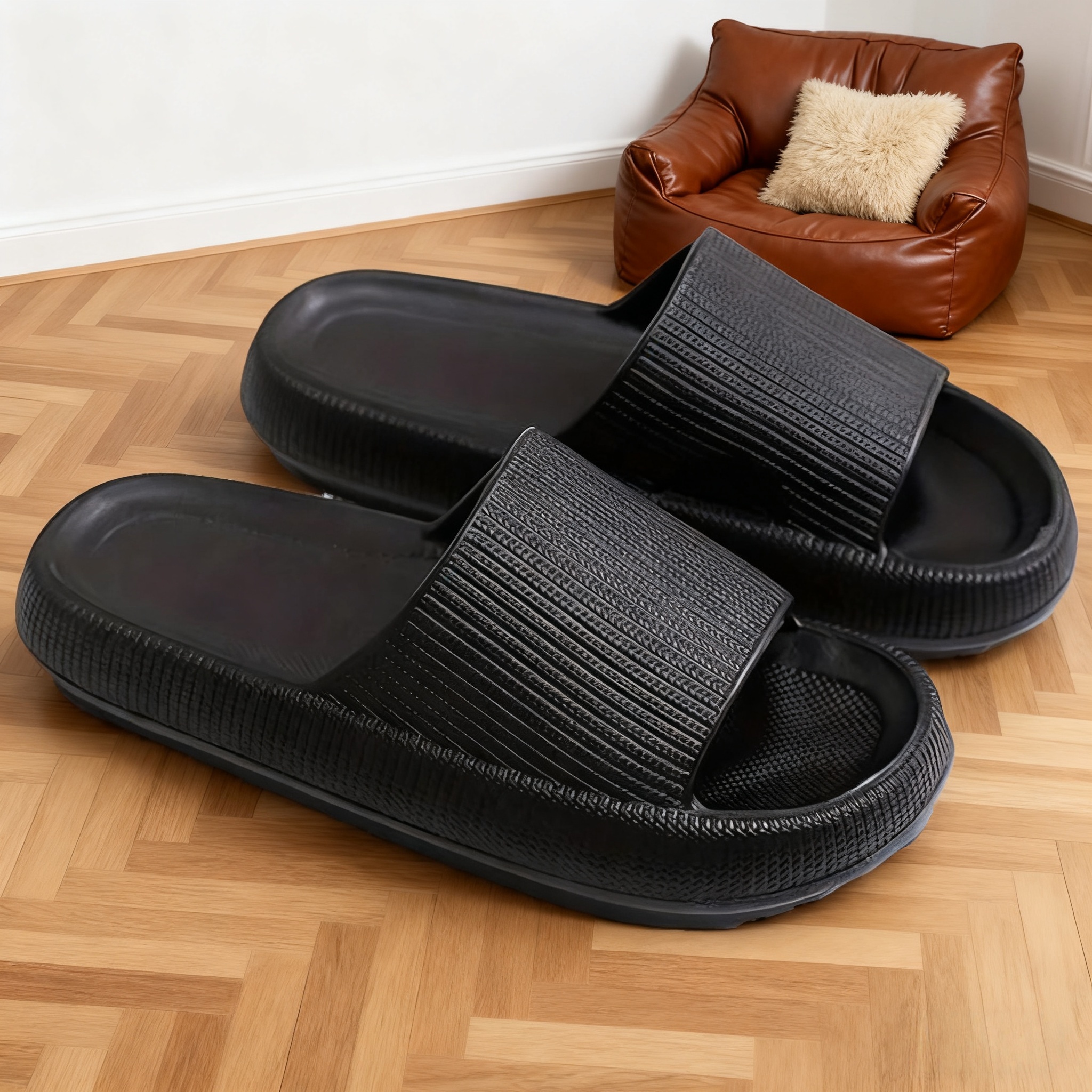 Ins Korean Style Easy Full Body Pinstripe Textured Thick-soled Slippers, 3d Vertical Ribbed Quick-dry One-wash-clean, Men Women Student Dormitory Rental House Macaron Low- Solid Color Easy Slippers