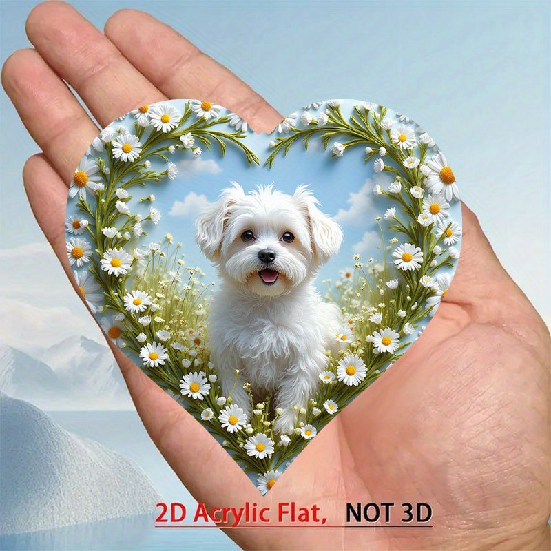 TEMU Heart-shaped Acrylic Fridge Magnet Suitable For Pet Lovers - 3.15inch Maltese Dog & Ferret Magnets With Daisies, White Ferret With & Eyes -