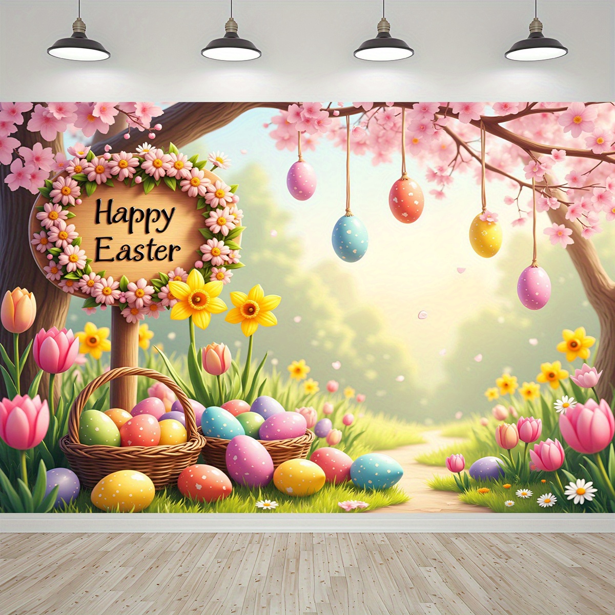 

1pc Dienalls Vibrant Easter Backdrop - Vinyl Spring Scene With Eggs, Flowers & "" Sign - Photo Booths, Garden Parties & Seasonal Celebrations