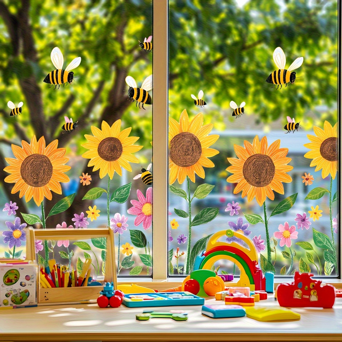 1pc Spring Summer Bee Sunflower Window Sticker, Double-sided Glass Decal, Used For Mirror Glass Display Store Office Glass Window Wall Stickers Supplies