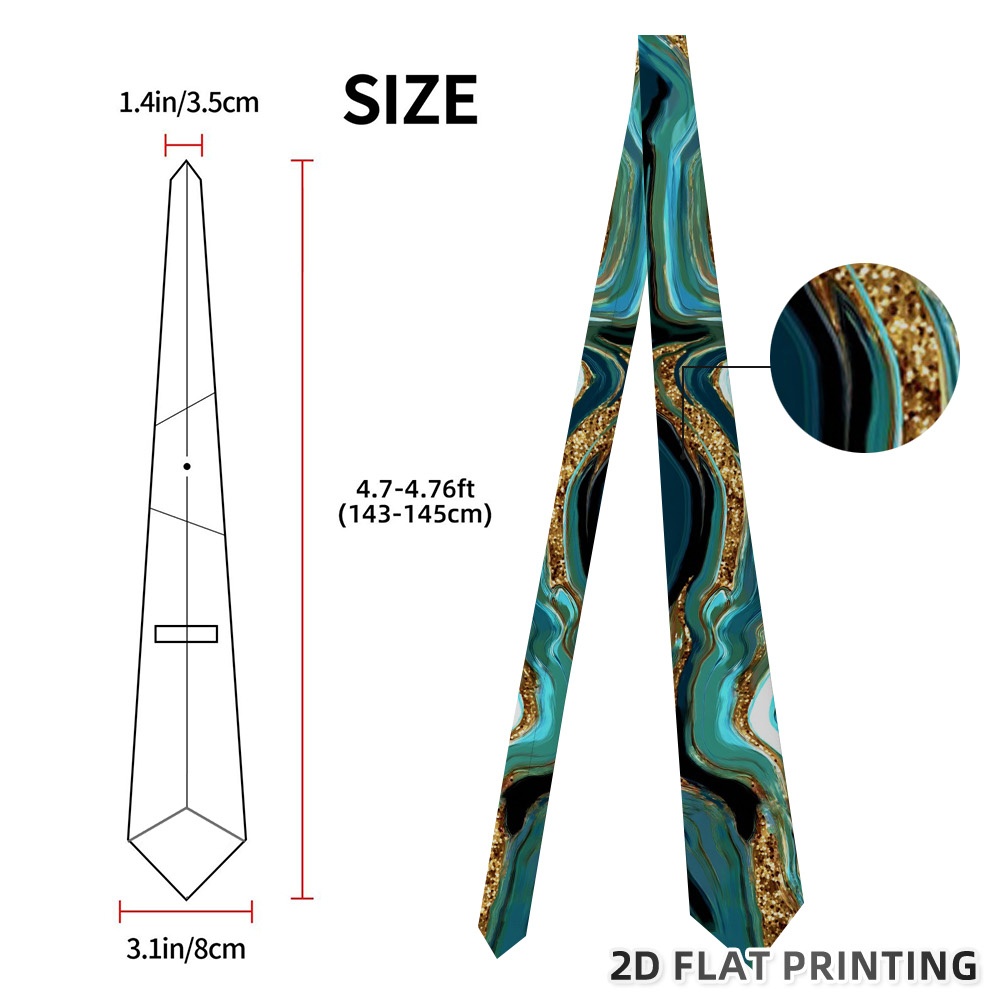 TEMU 1pc Teal Golden Fluid Swirls Print Tie - Soft And Breathable, , Ideal For Banquets And Business Wear