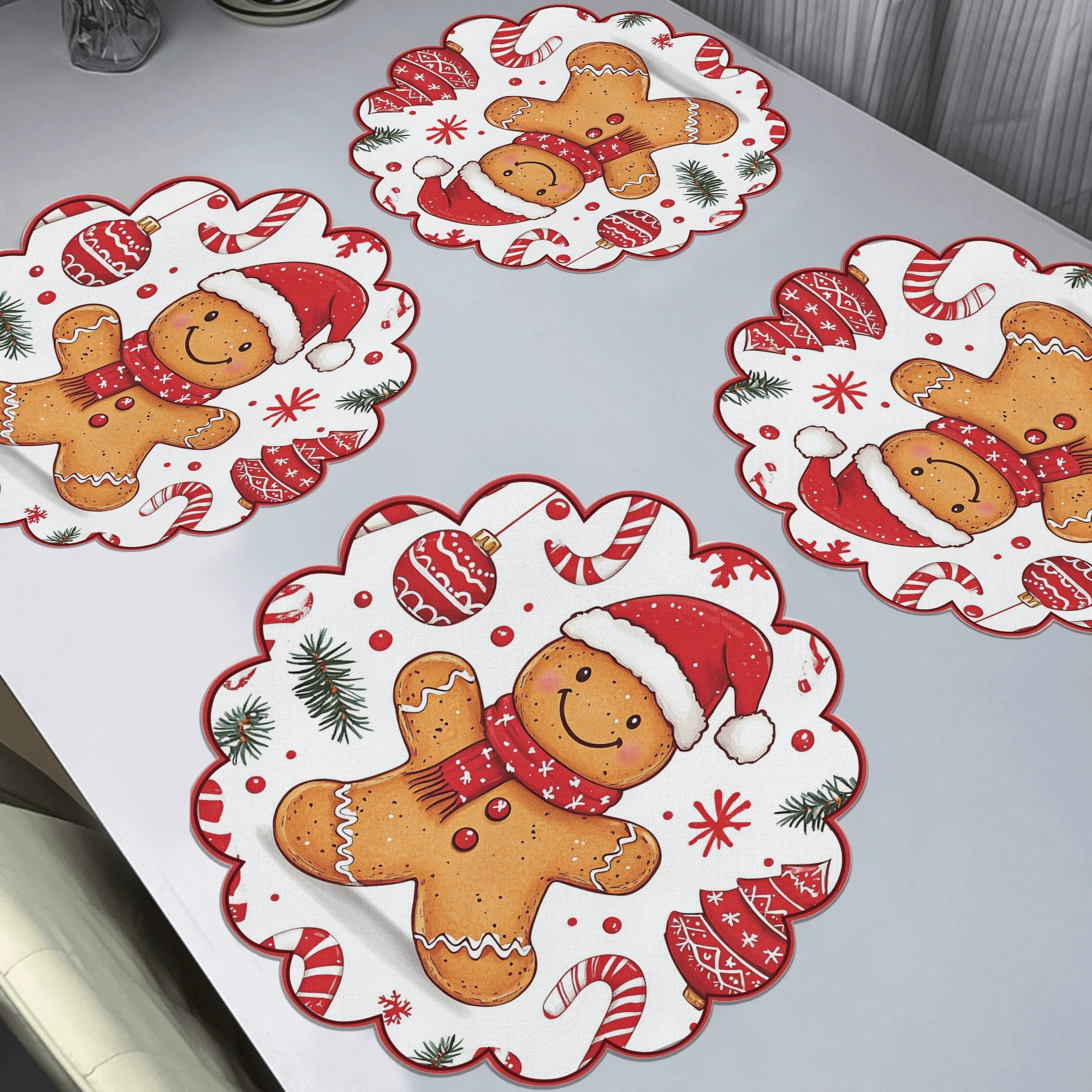 

4-pack Gingerbread Man Placemats, 15" Round Polyester Table Mats, Non-slip, Heat Resistant, Hand Wash Only, Woven Dining & Party Decor