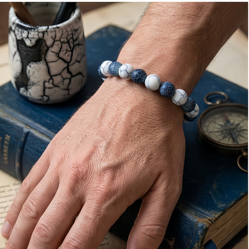Image of Light Luxury Minimalist Bangle Bangle Bracelet Featuring 8mm Round Beads In And Black, Designed With An Elastic Cord And Natural Crack-like Textures . The Overall Design Modern , , And .