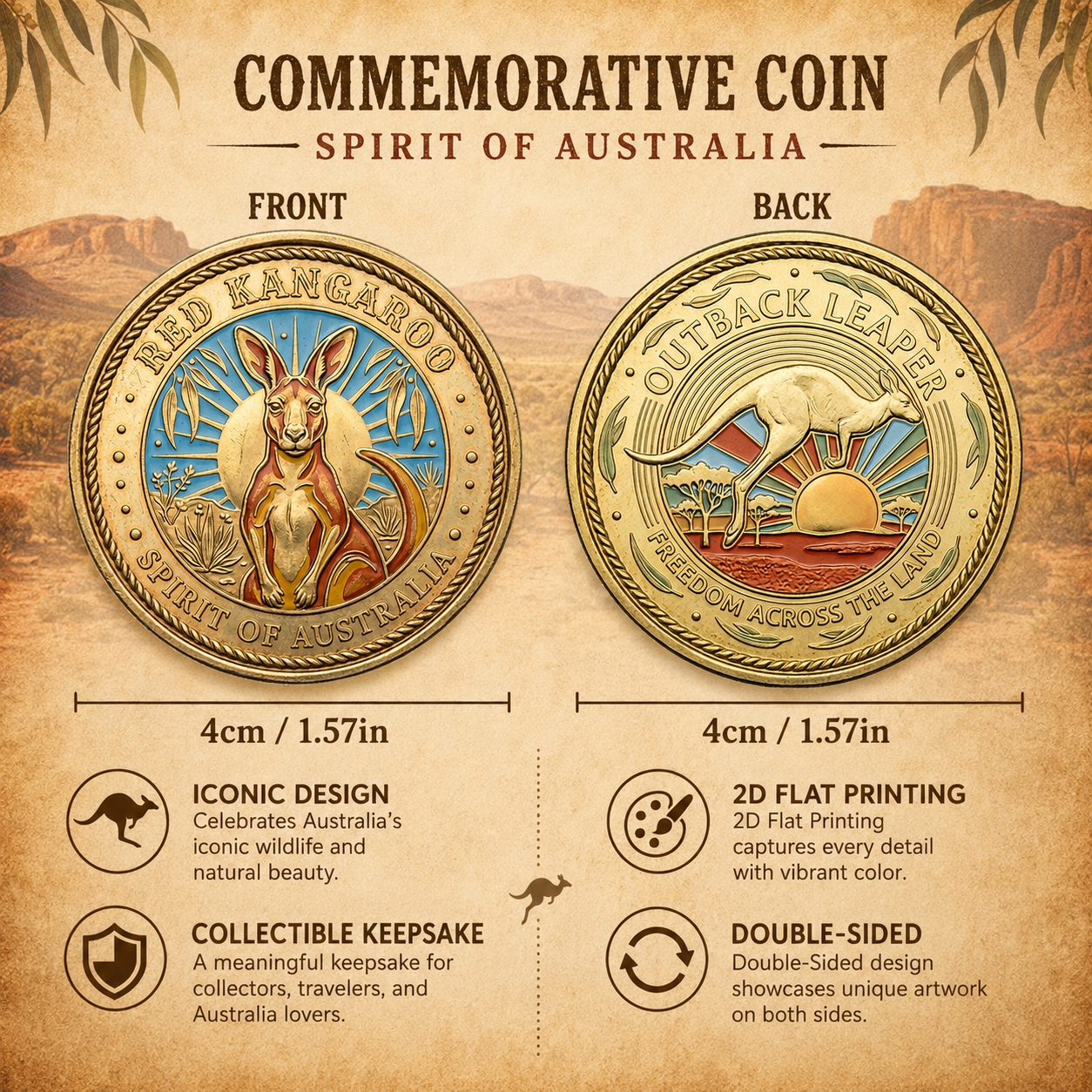 TEMU 1pc 2d Double-sided Metal Commemorative Token, Warm Brass Texture Australian Wildlife Decorative Coin, Printed With Pattern, Portable Or Desktop