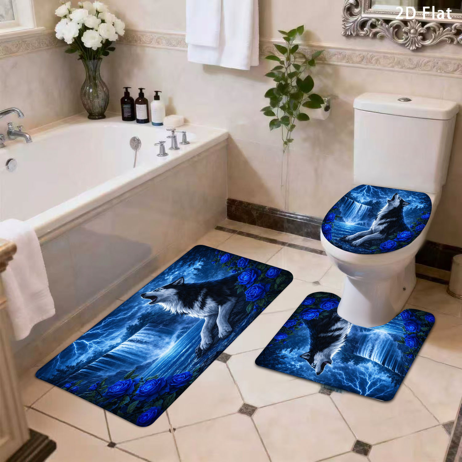 TEMU 2d Flat 3/4pcs Bathroom Non-slip Mat Set, Wolf And Waterfall Blue Rose, Home Decor Shower Entrance Absorbent Mat, Soft -dry Carpet For Home Use,
