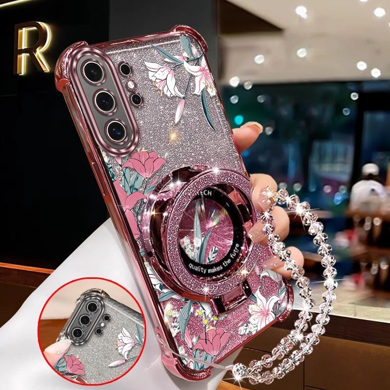 TEMU Phone Case: White With Circular Stand And Transparent Beads Lanyard Pattern Stylish Suitable For Galaxy S26 Ultra Case With Comfortable Feel