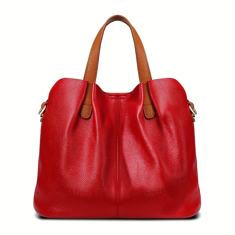 Image of Commuter Premium Genuine Leather Large-capacity Tote Bag, Contrast Color Top-grain Cowhide Women's Small Crossbody Handbag