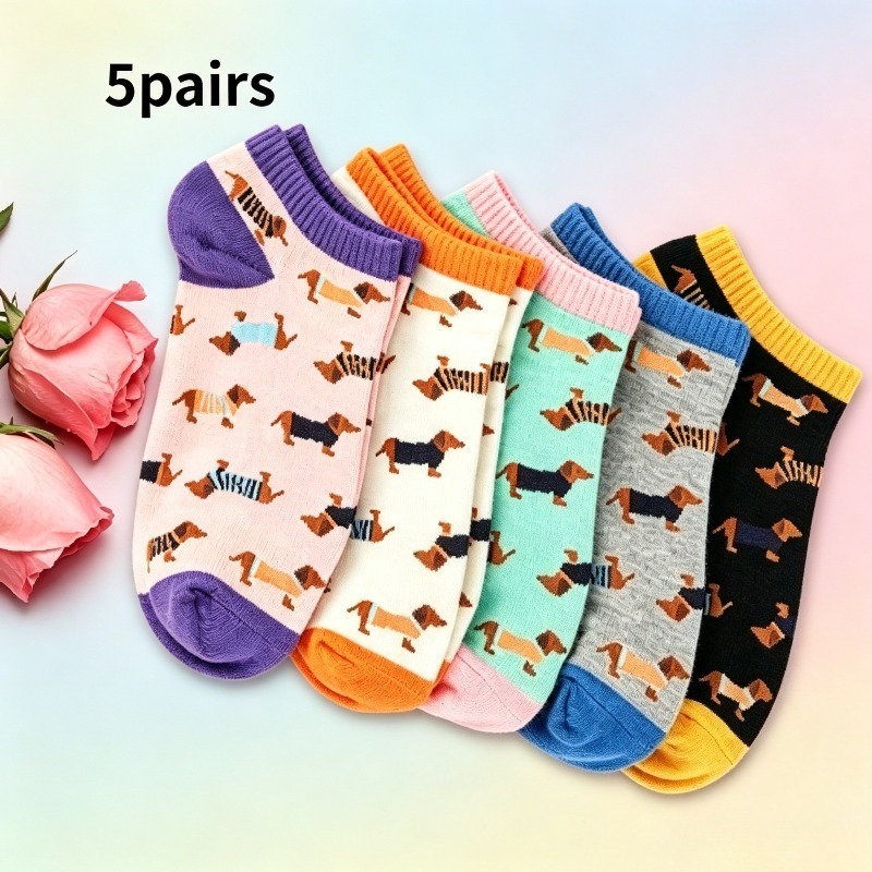 TEMU 5-pair Women's And Men's Dachshund Cartoon Print Low-cut Ankle Socks, Colorful Contrast Toe And Heel, Stretchy, Soft, And Breathable, Pet Puppy