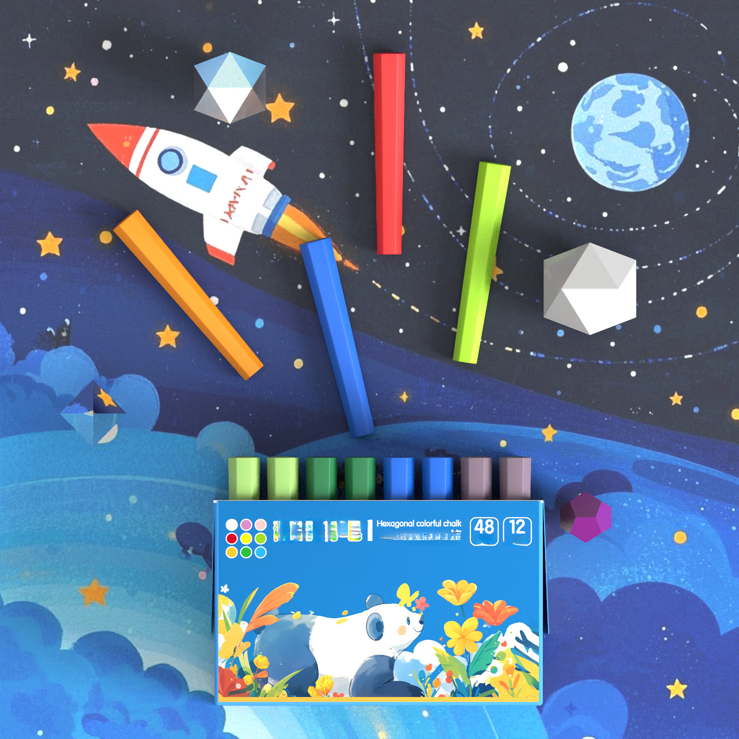 E-shop Eine Packung mit 48 Kreidestiften, mit 12 Farben hochwertiger hexagonaler Kreide, die leicht schreibt, leicht abwischbar ist und kein Staub