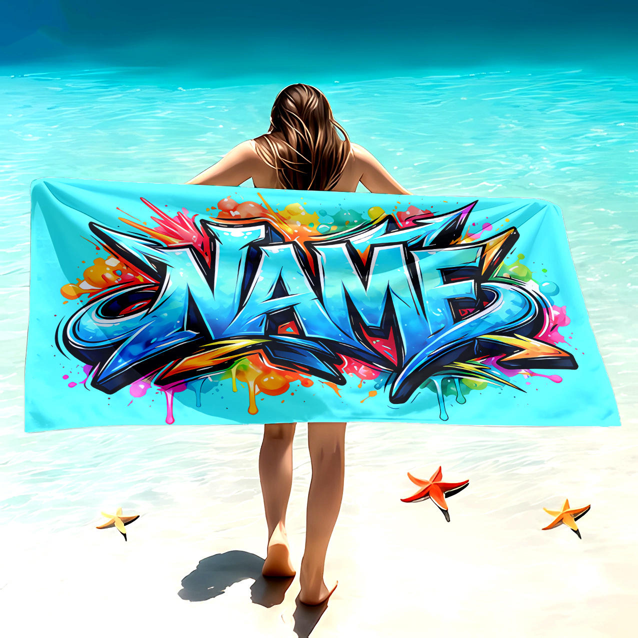 TEMU Custom 1pc, Light Contrast Splatter 3d Graffiti Name Beach Towel, Customizable English Name Personalized Bath Towel, Quick-dry Anti-sand