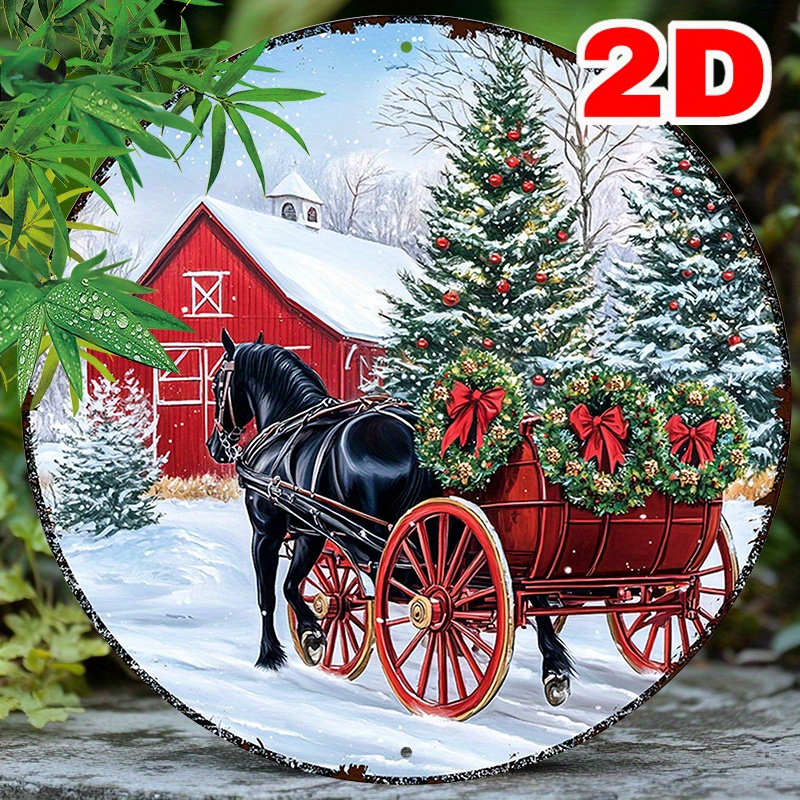 TEMU 2d Flat - 2d Graphic Decorative Signs & Plaques: 1.8-inch Round Aluminum Christmas Carriage Metal Sign Featuring Vintage Winter Scenery With A