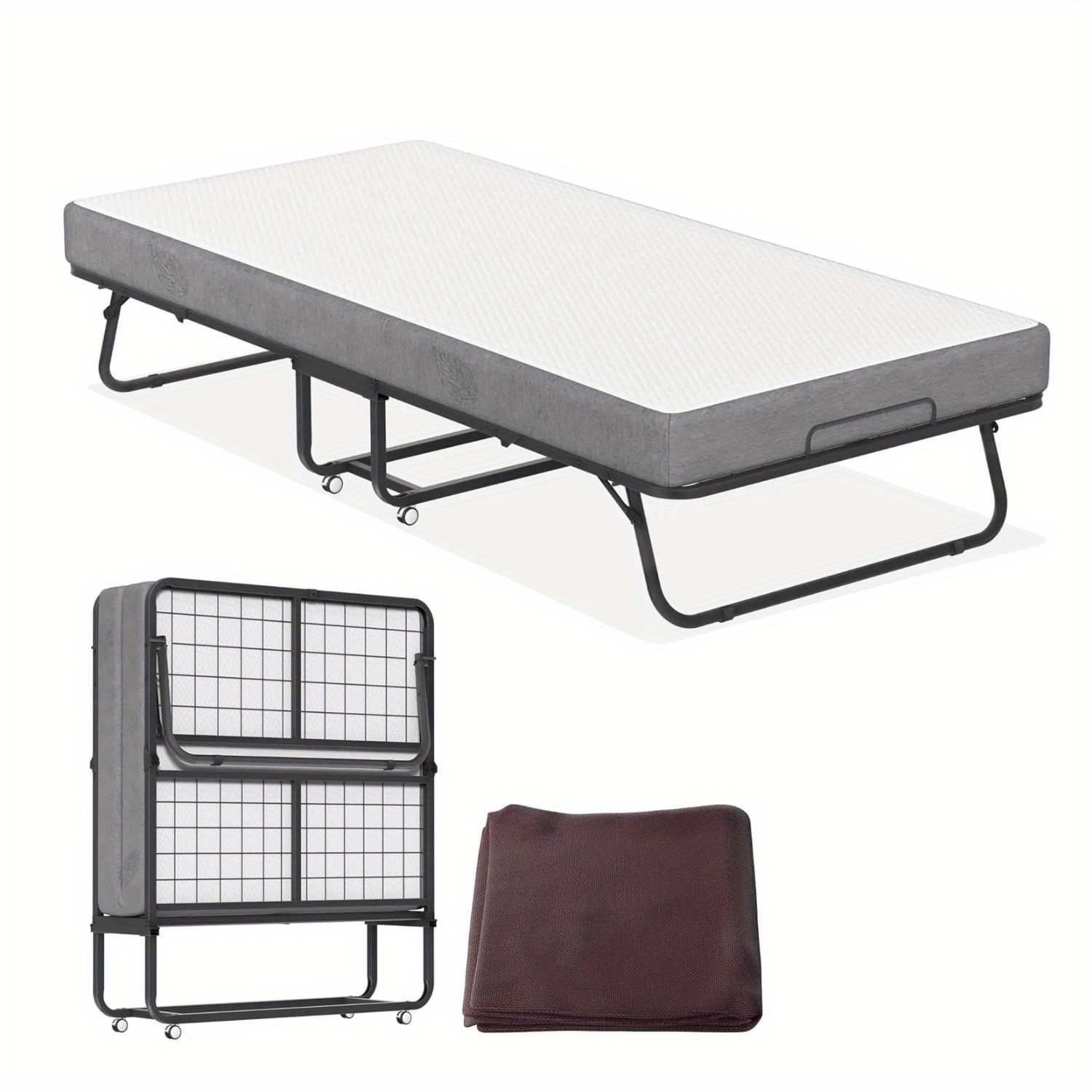 TEMU Lits de matelas avec pieds et cadre en métal et cadre à lattes et roulettes Lit de voyage pliant Lit de camping avec matelas en mousse de 13 cm