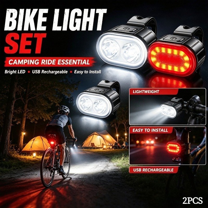TEMU 2pcs Lampes de vélo et arrière, et optionnelles , projecteur de randonnée d'extérieur à haute luminosité, lampe de poche intelligente