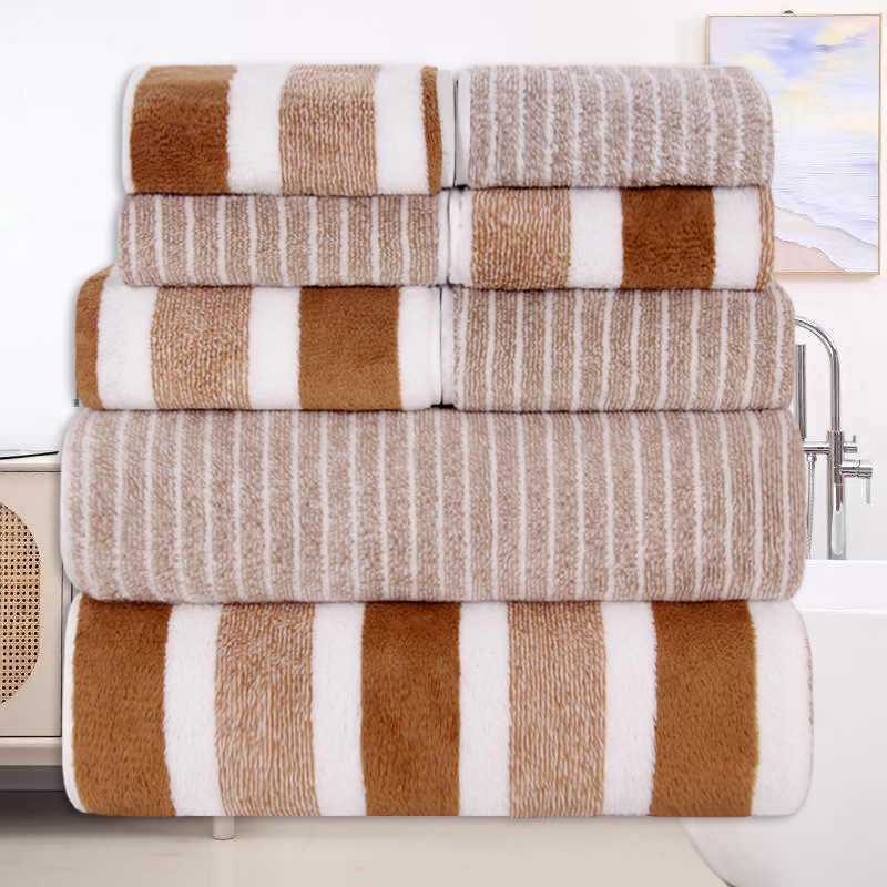 TEMU 8pcs Coral Fleece Set: Towels, Washcloths, Bath Towels, Quick-dry Striped Adult Face Towels For Bathrooms