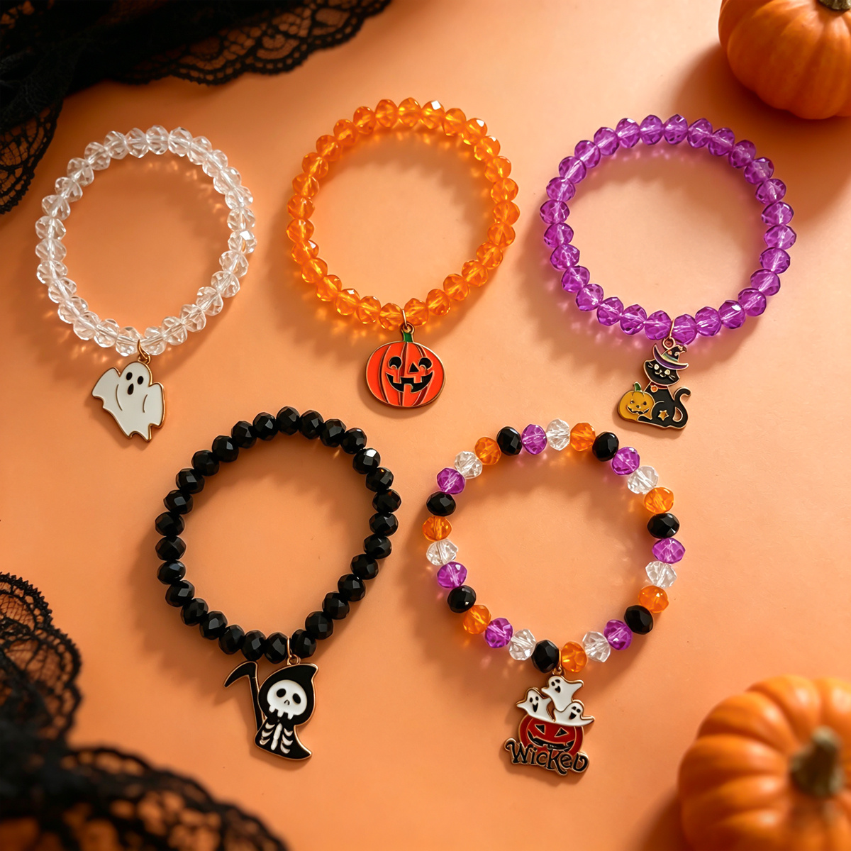 TEMU 5pcs Halloween Themed Stackable Bead Bracelets: Multicolor (purple, Orange, Black) Elastic Wristbands, With Pumpkin, , Cat, And Reaper Enamel