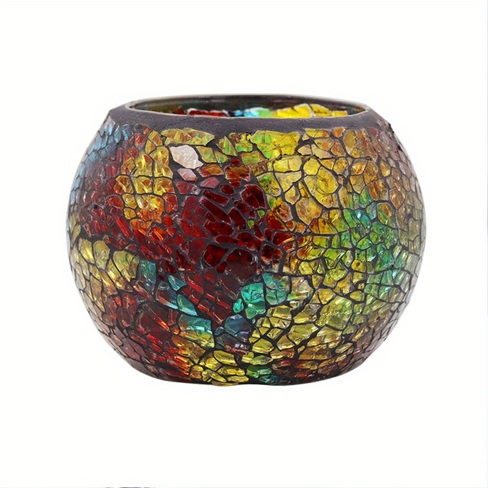 E-shop Ein farbenfroher Mosaikglas-Kerzenhalter im europäischen Stil mit Licht- und Schatteneffekten, für romantische Kerzenlicht-Dinner-Dekorationen,