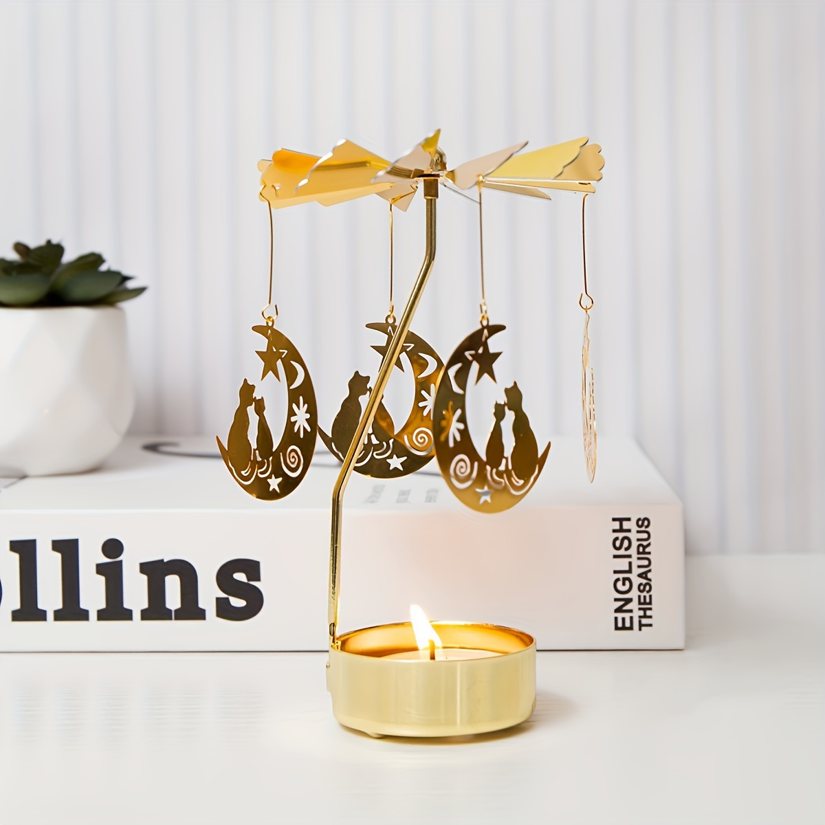 Image of 1pc Carousel Golden Hot Rotating Candlestick Ornament Metal Transfer Windmill Rotating Creative Halloween Christmas Gift