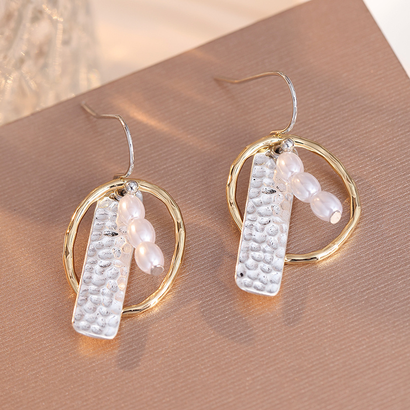 Bohemian Style White Round Beads & Oval Hollow Pendant Earrings