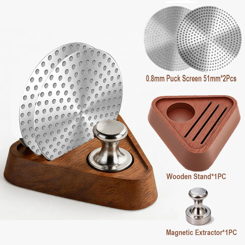 TEMU Juego de 4 piezas de disco de acero inoxidable de 51 mm/53 mm/58 mm con extractor magnético y soporte de madera, accesorios reutilizables para