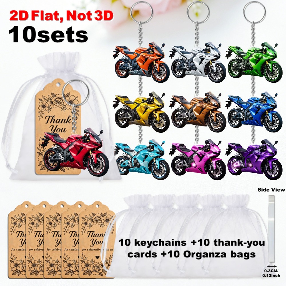 TEMU 2d Flat, Gift For Her/him 2d Flat Motorcycle Keychain Gift Set, 10 Sets Of Mixed Motorcycle Acrylic Pendant Charms, For Motorcycle Enthusiasts