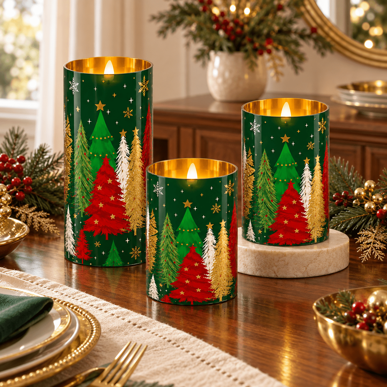 TEMU 3pcs Acrylic Led Flameless Pillar Candles Christmas Red Green Golden Christmas Tree Snowflake Star Pattern Battery Powered Warm Light Table
