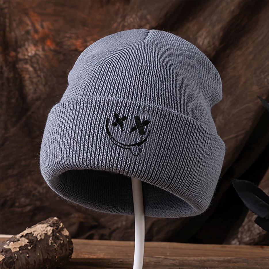 TEMU 1pc Knitted Beanie With Cuff, Cold Weather Hat, Face, Cross, White, Black, Fashionable And Versatile For Autumn/winter, 100% Acrylic, Hand
