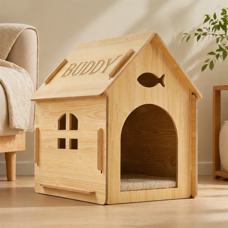 Custom Engraved Pet Name Modular Assembled Wooden Indoor Cat House, Personalized Fish Cutout & Window Cozy Shelter, Rustic, Spacious Private Nest for Furry Friends, Unique Gift to Build Warm Exclusive Space for Beloved Cats