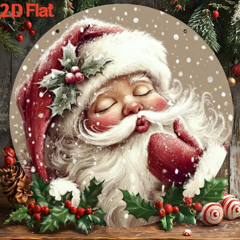 TEMU 2d Flat, [2d Flat] 2d Flat, 1pc Whimsical Santa Christmas Round Metal Sign - Rustic Holiday Wall Art With Adorable Santa Snowflakes, Pre-drilled