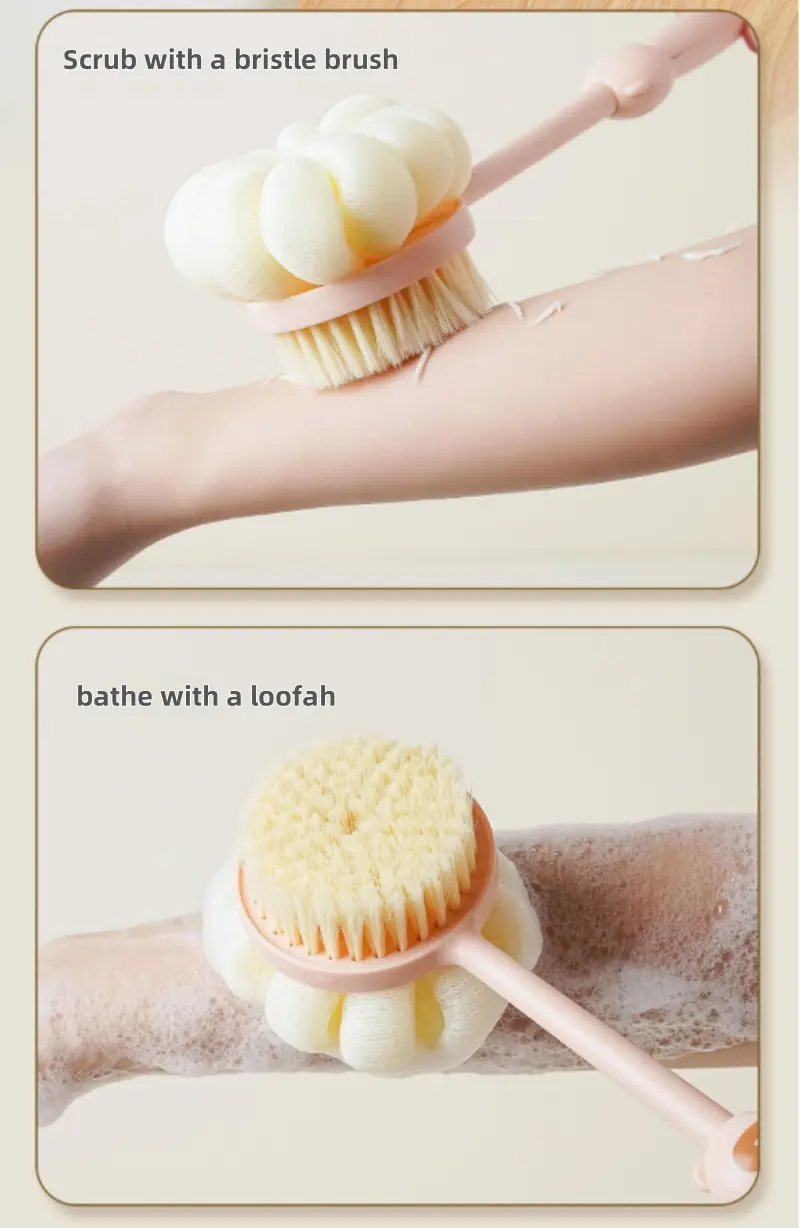 2 in 1 long handle shower brush luffa sponge with bear grip soft dense bristles anti slip hanging design for gentle exfoliating back scrub ergonomic bath shower tool shower accessories bathing accessory bathroom decor body scrubber hygienic material personal hygiene Product details 5