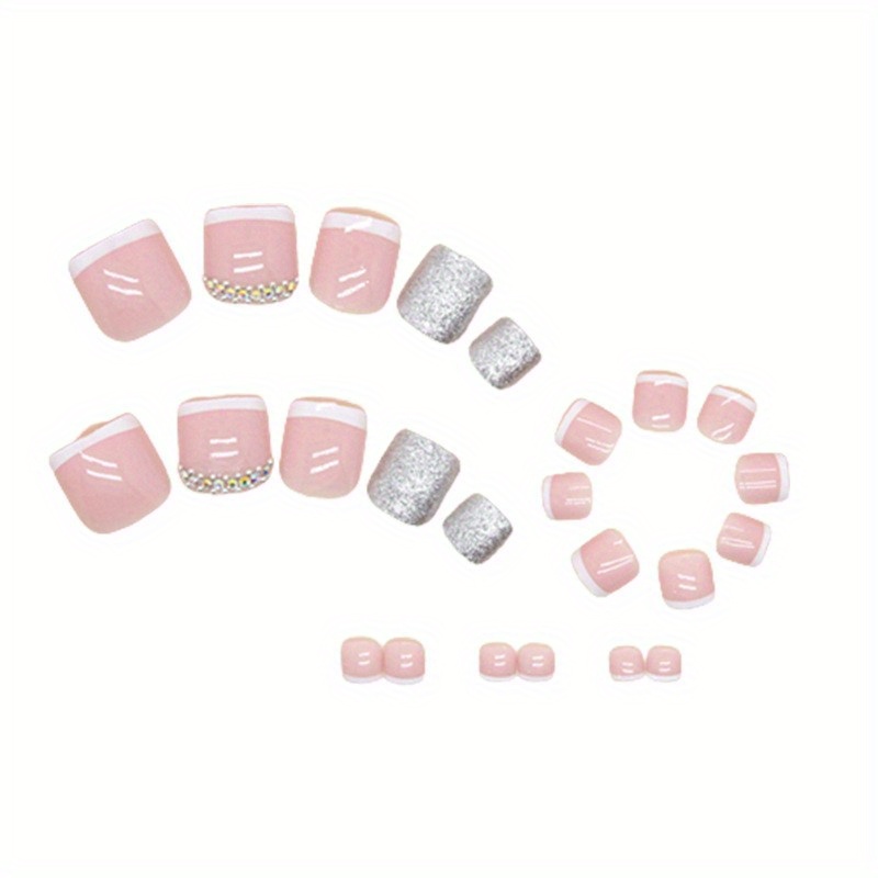 TEMU 24pcs French False Toes Nails For Diamonds Stick On Toenail With Gel For Diy Manicure Kit