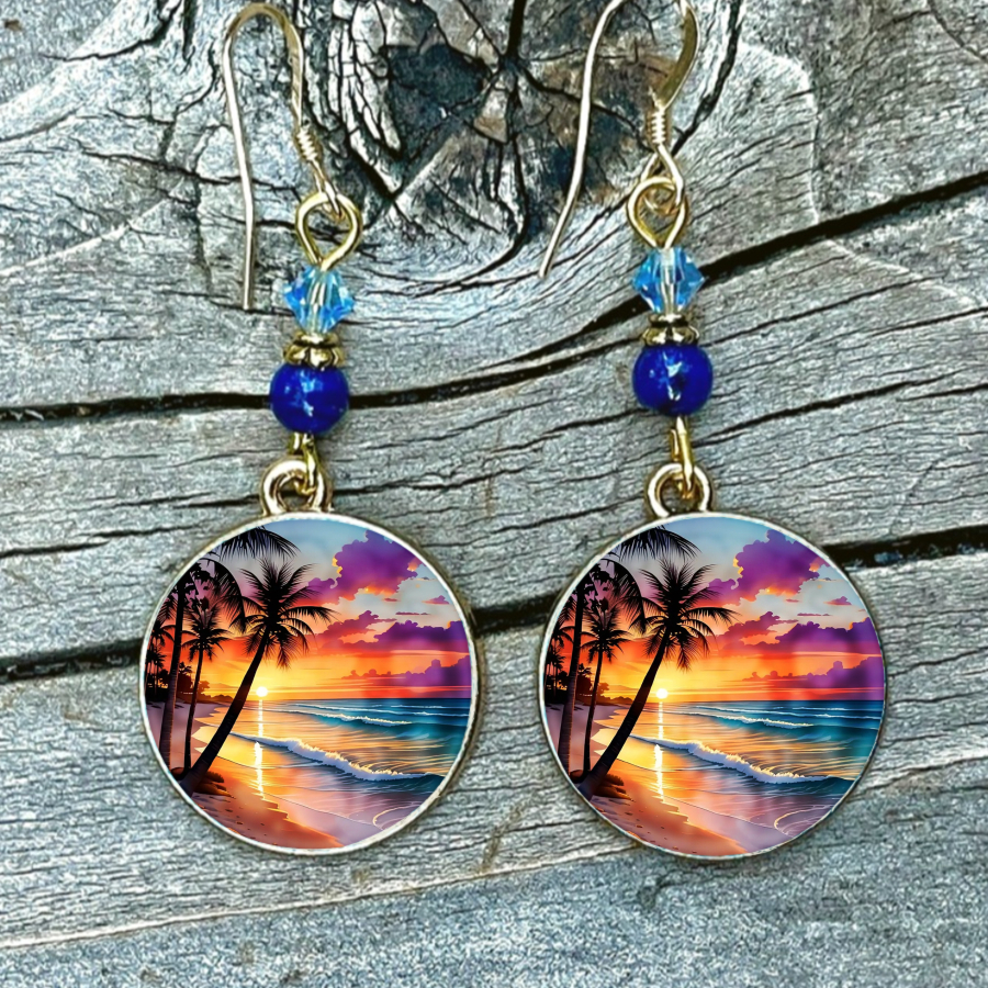 TEMU 2pcs Earrings, Palm Tree Earrings, Ocean Wave Earrings, Tropical Paradise Earrings, Round Earrings, Nature Earrings, Jewelry Additions, Unique
