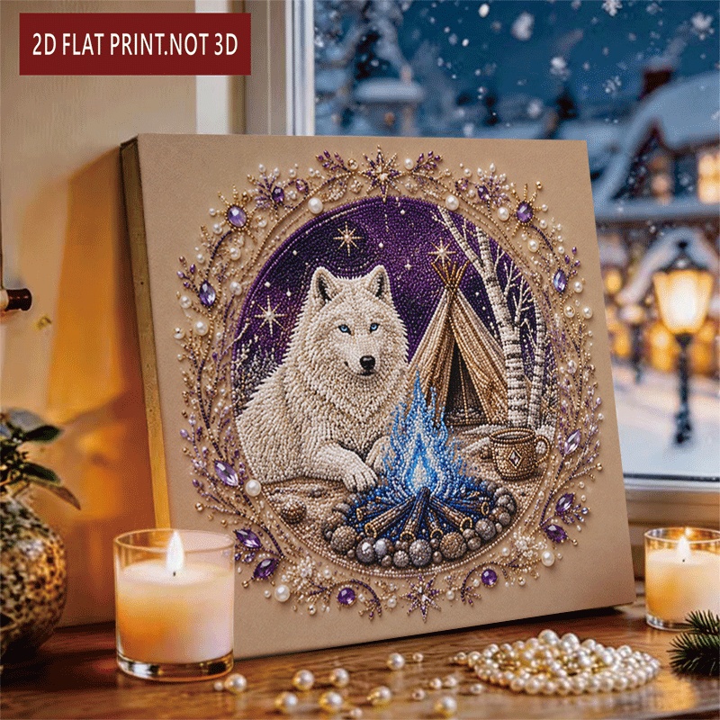 TEMU 2d/flat Printing Pearl Painting Handmade Pearl Diamond Painting Kit Wolf Bonfire Theme Creative 3d Sticker Material Bag Adult Stress Relief