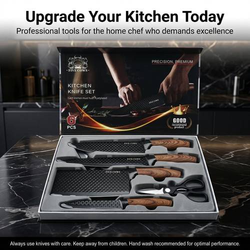 6pcs chefs knife set with wooden handle rust proof stainless steel kitchen knives including versatile chefs knife paring knife utility knife scissors and knife holder ergonomic and holiday gifts
