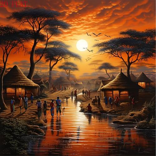 1pc 5d diy diamond painting suitable for beginners primitive tribe at dusk mosaic art round color diamond beads with tribal scene wall decoration craft for perfect gift for or