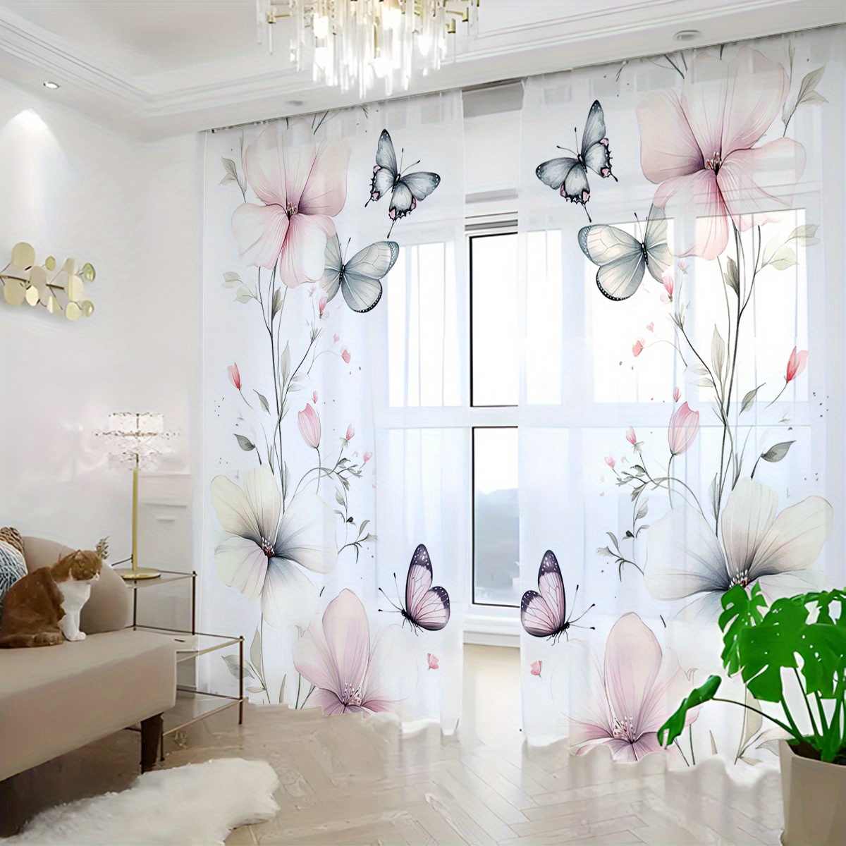E-shop Zwei Stück transparente Gardinen für die Wohnungsdekoration mit einem traumhaften Schmetterlings-Blumenmuster, halbtransparente Vorhänge, die