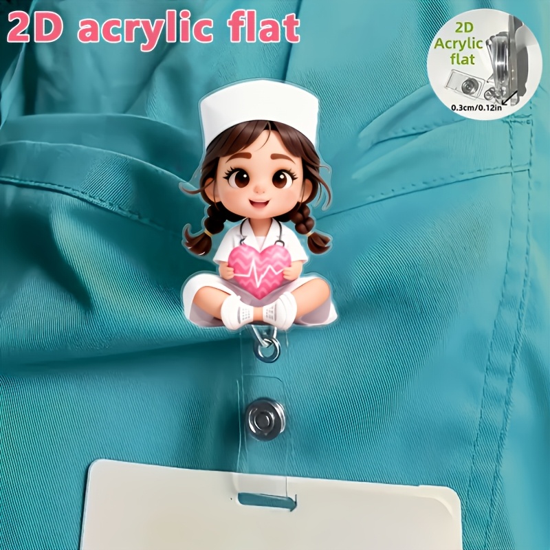 TEMU 2d 2d Flat 1pc Cute Little Girl With A Nurse Costume Holding A Heart Pattern Badge Reel Clip, Retractable Nylon Cord, Acrylic Id Card Holder