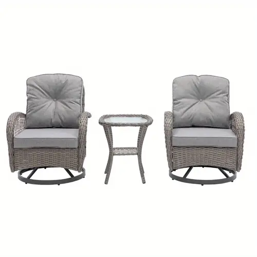 3pcs outdoor swivel rocker patio chairs 360 degree rocking patio conversation set with thickened cushions and glass coffee table for backyard grey