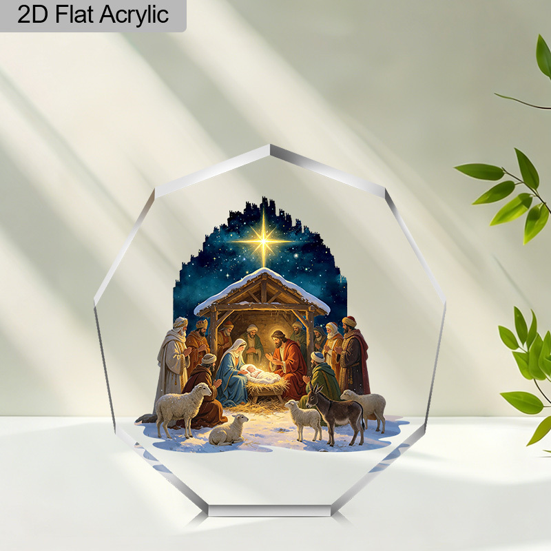 TEMU 2d Flat Octagonal Acrylic Plaque Sign, Christmas Nativity Scene Acrylic Tabletop Decor, Religious Birth Manger Scene Decoration, Christian