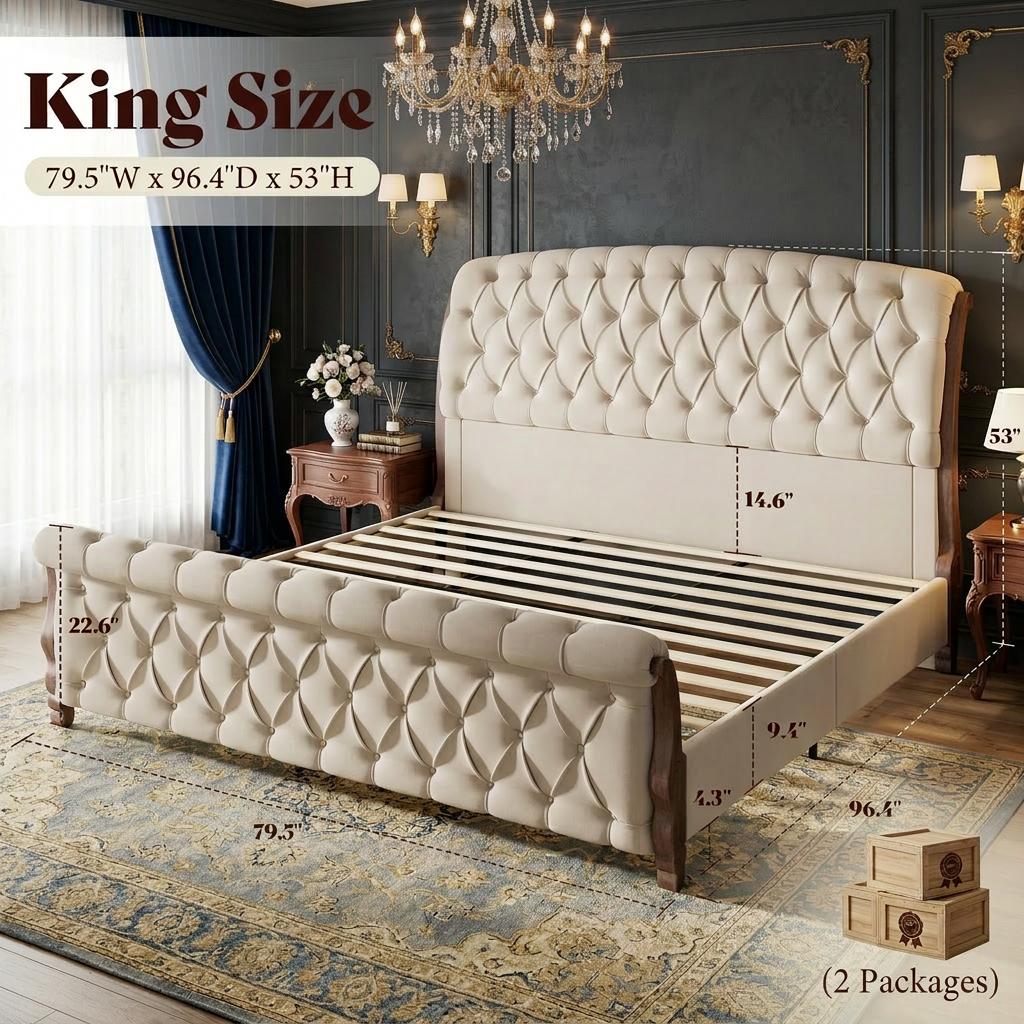 53 Tall Upholstered Queen/King/California King   Frame with Button Tufted Chenille Headboard & Footboard, Carved Solid Wood Legs, Platform Bed,   Spring Needed, Easy Assembly