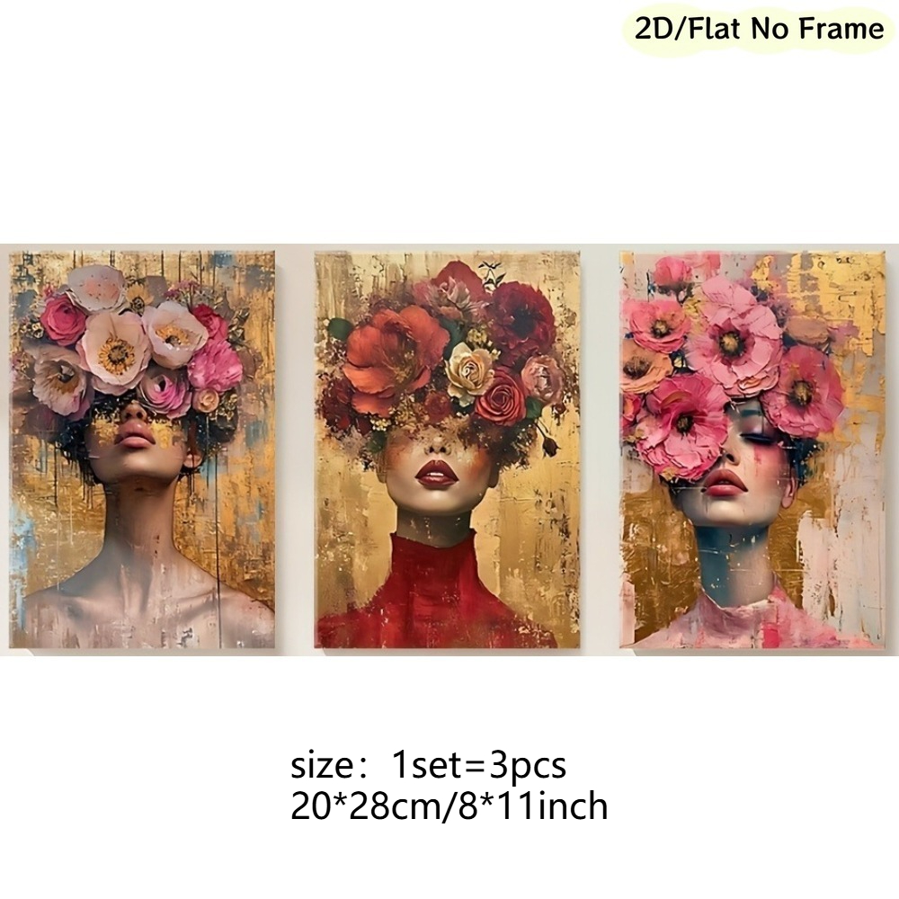 TEMU 2d Flat, 2d/flat Frameless, 3pcs Set Depicting A Woman With Flowers, Suitable For Posters And Prints In Various Settings Such As Living Rooms,