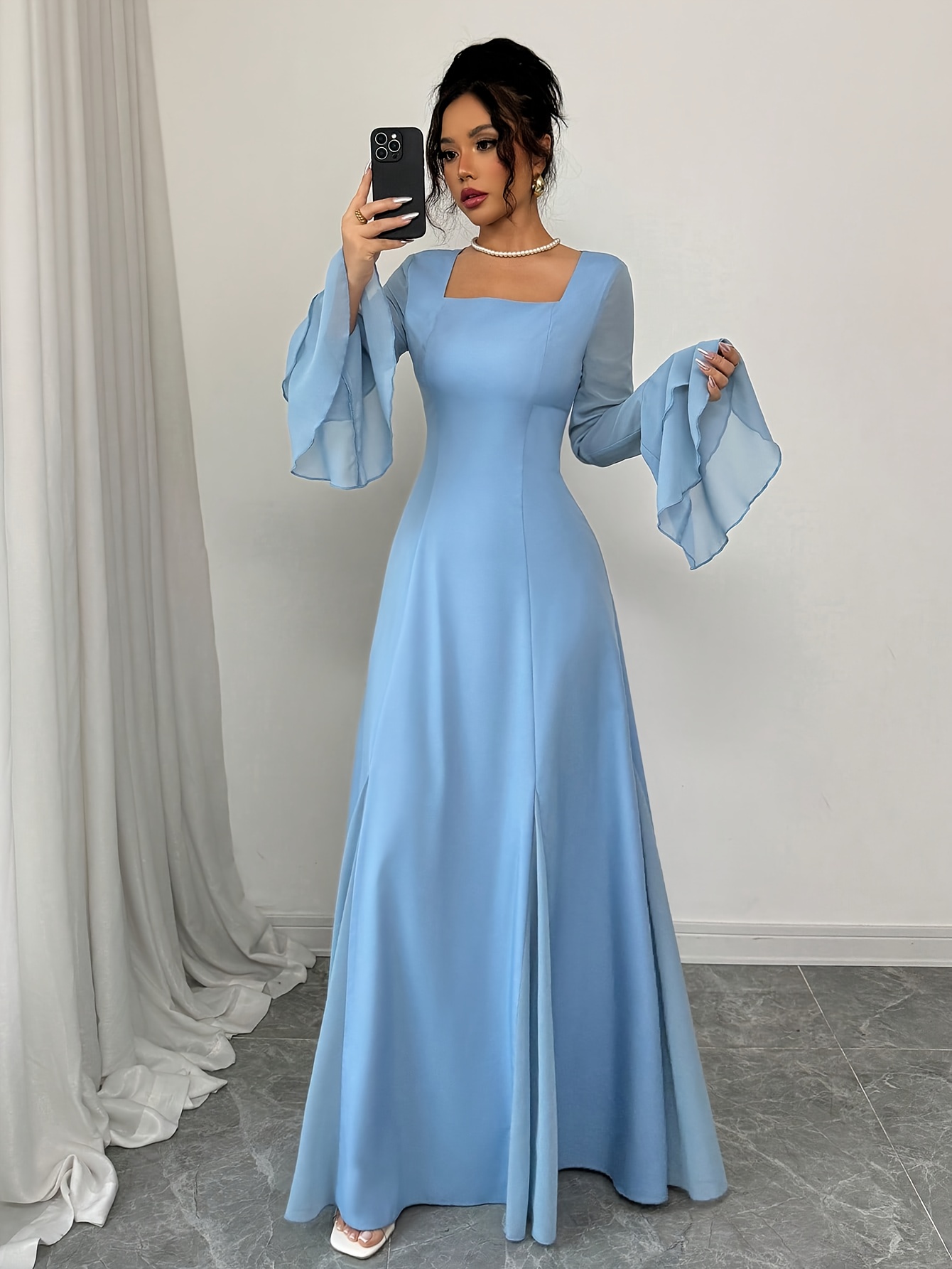 Elegant Long Dress with a Sky * Neckline And Flared Sleeves * Spring And  Autumn, Style Number 2164