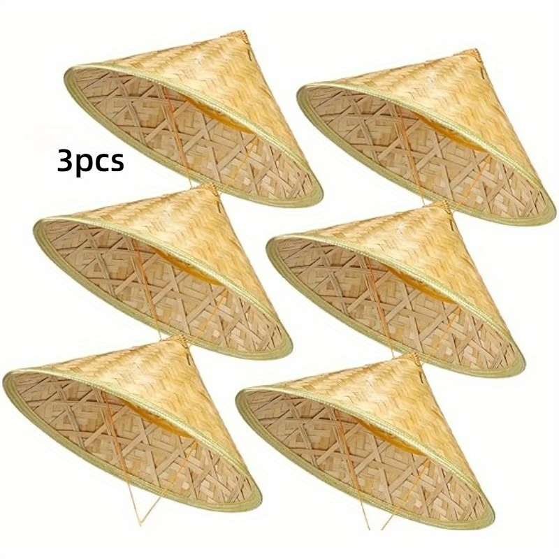 3pcs Traditional Chinese Bamboo Rice Hat - Lightweight 41.91 cm Conical Straw Hat with Drawstring Closure, Breathable Asian   for  , Spring/Summer Outdoor Activities