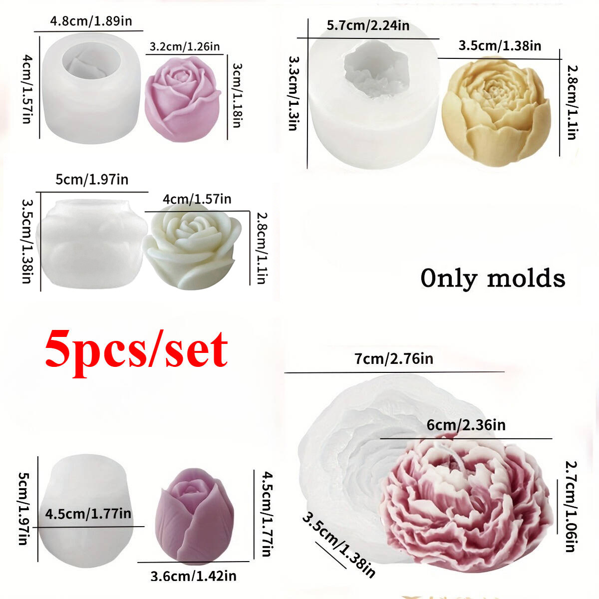 E-shop 5-teiliges Set Blumen-Serie Kerzenformen für Aromatherapie-Kerzen & Seifenherstellung - Rose, Rosenknospe, Pfingstrose, | Hochwertige,