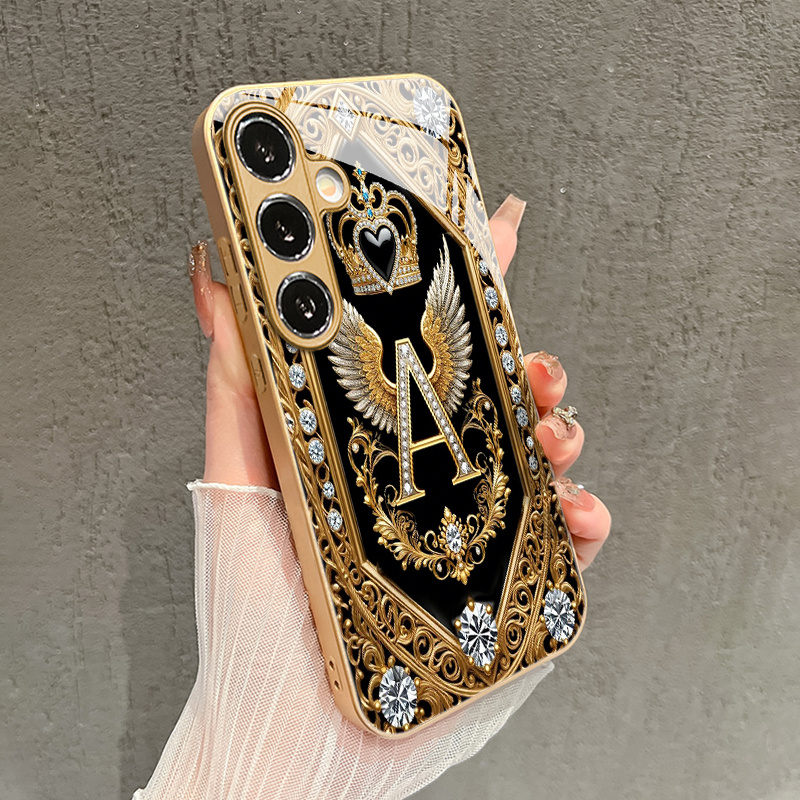 TEMU Phone Case - High-end Metal Wing Letter A Pattern Glass Phone Case For Galaxy S25/s25 Ultra/s25 Plus/s25 Edge/s24/s24 Fe/s24 Ultra/s23/s23