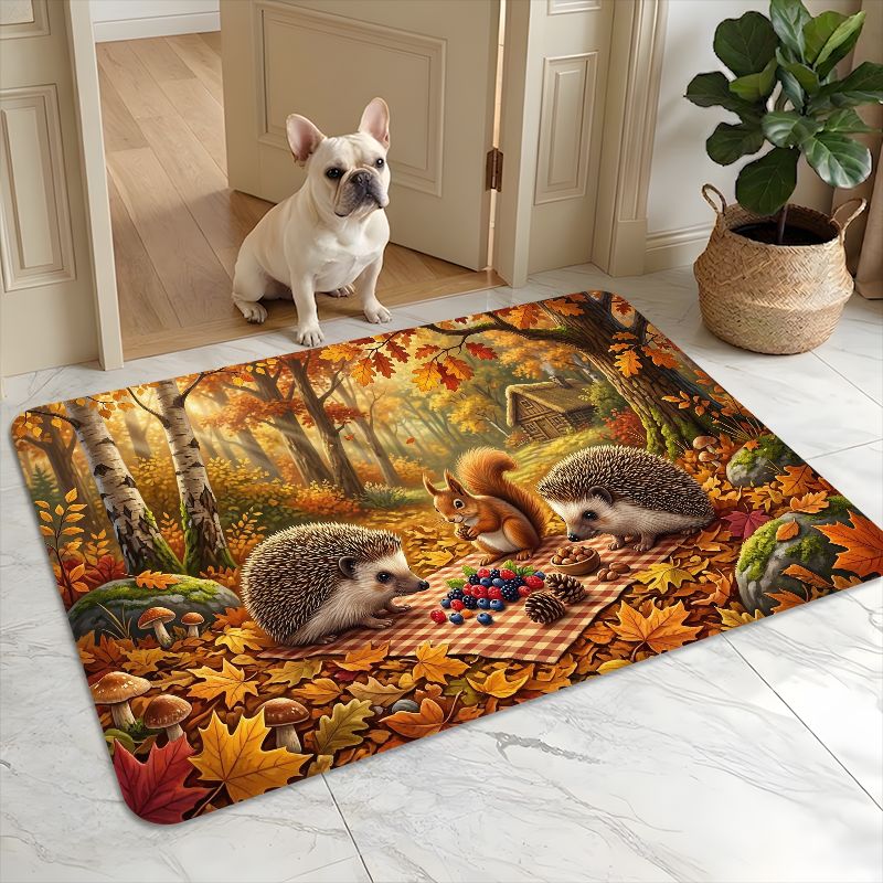 TEMU 1pc Non-slip Indoor/outdoor Entrance Doormat, Autumn Forest Animal Gathering Flannel Material With Thick Pile - Sponge Thickness 0.4inch,