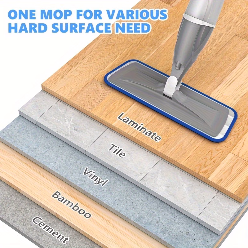 a spray mop for floor cleaning featuring a microfiber floor mop a wet dust mop for hardwood floors a flat mop floor cleaner a reusable bottle and with 2 washable pads suitable for wooden tiles decorative panel flooring Product details 7