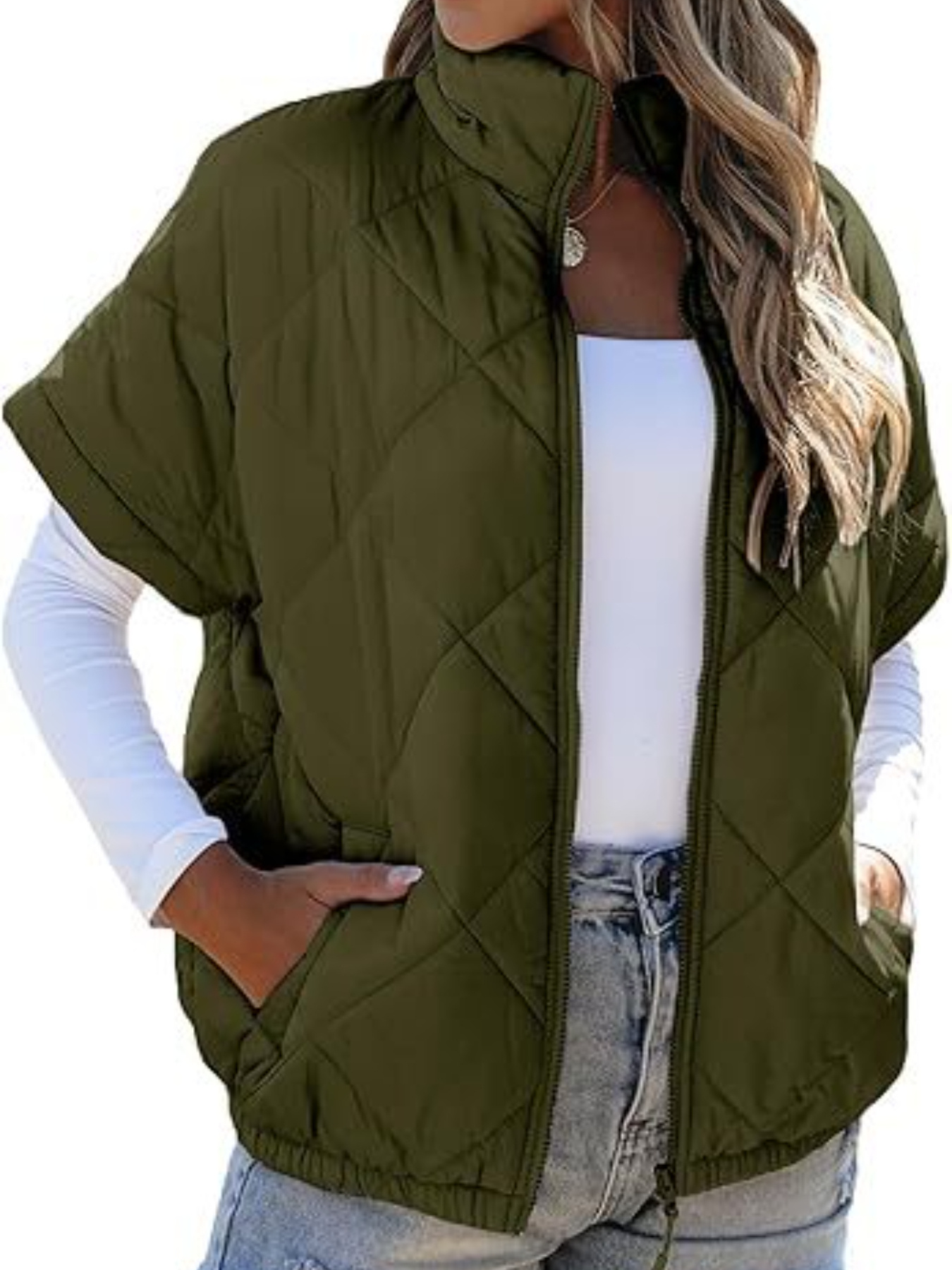 womens versatile autumn winter loose three quarter sleeved jacket with casual pockets zipper diamond grid warm jacket