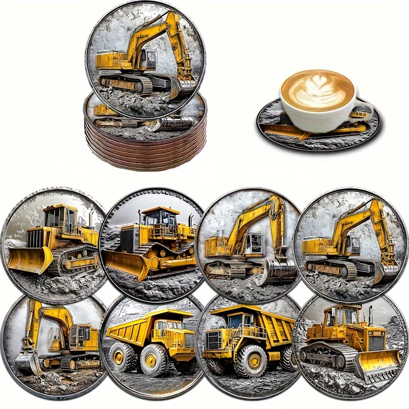 TEMU An 8pcs Set Of Wooden Coasters For Excavators And Bulldozers, Car Cup Holders, Tea And Coffee Coasters, Perfect For Home Decor, And A Great
